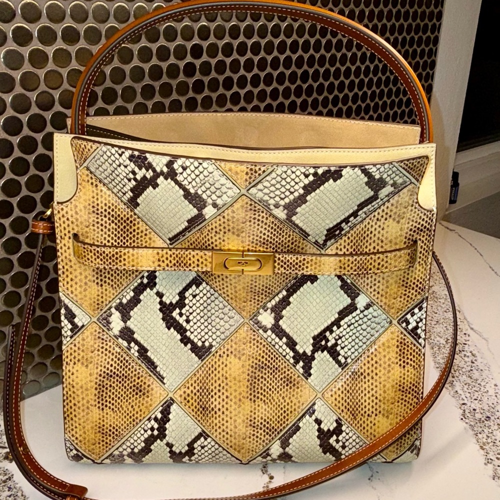 Tory Burch Lee Radziwill Patterned Shoulder Bag in Tan,Brown and Light Blue
